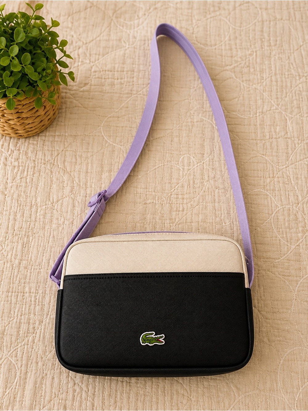 Lacoste Black & Cream Crossbody Bag with Lavender Strap